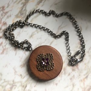Vintage Round Wooden Pendant Necklace